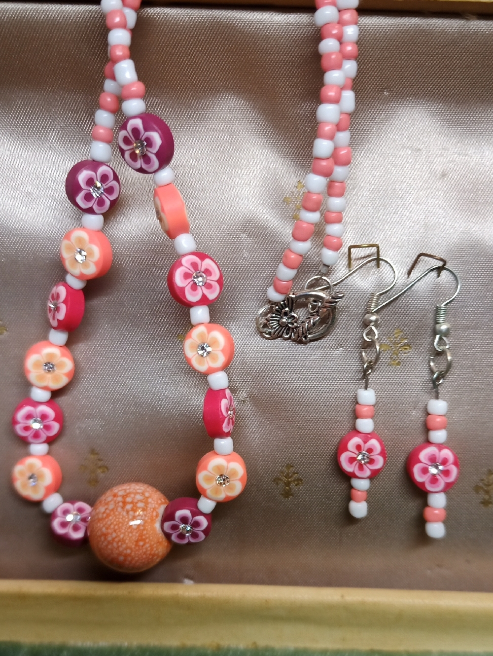 Women’s Pink & Coral Floral Beaded Necklace and Earring Set